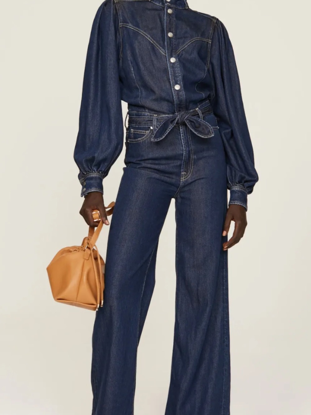 7 For All Mankind Indigo Denim Long-Sleeve Wide-Leg Jumpsuit with Tie Waist